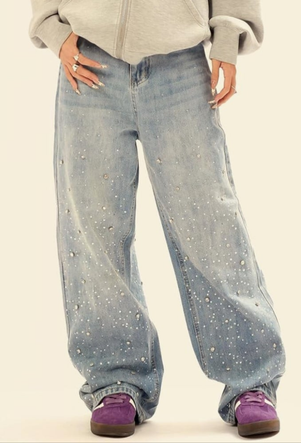 Hip Hop Rhinestone Jeans Men Women Baggy Straight Vintage Blue Denim Pants Streetwear Jeans Trousers