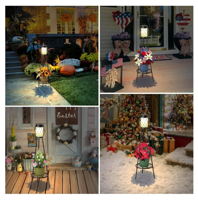 Solar Lights Outdoor Street Lights with Plant Stands 2 Pack, Solar Floor Lamp Metal Tripod Patio Lights for Garden Yard Pathway Driveway Front/Back Porch Decoration
