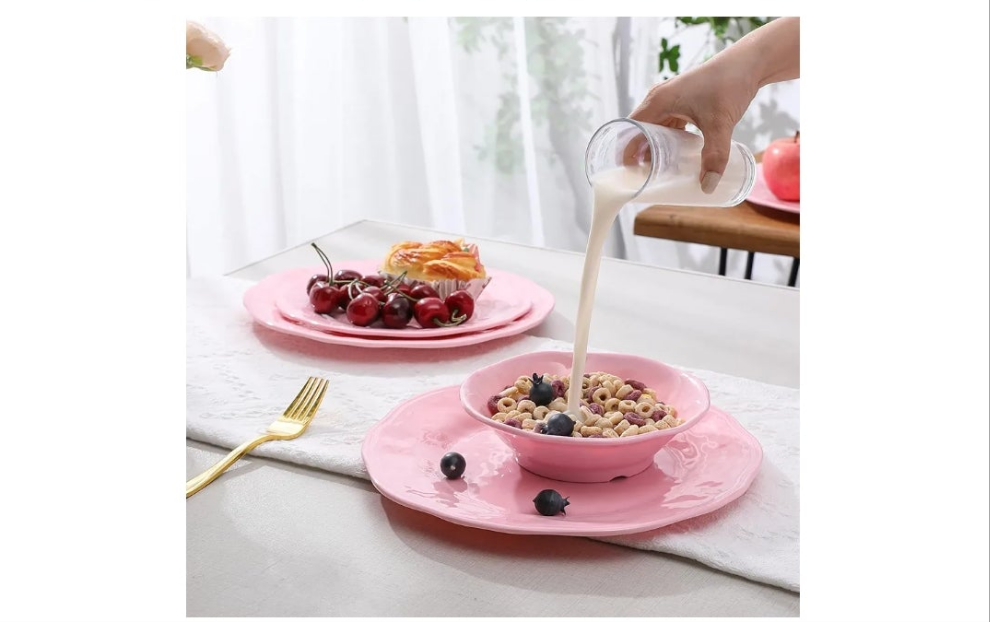 18 Piece Pink Dinnerware Set, Lightweight Kitchen Dining Plates and Bowls Set, Durable Melamine Dishes, Set of 6, Unbreakable RV Camping Dishes, Dishwasher Safe