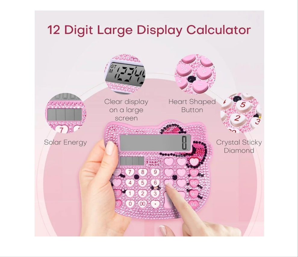 Cute Calculators, Women Desk Calculator 12 Digit with Large LCD Display and Sensitive Button, Suitable for Adults and Children, Standard Function for Office, Home, School (Pink+Pink Jewel Model