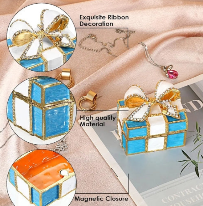Mini Metal Jewelry Box Blue Bow-knot Hinged Trinket Box Bling Enamel Decorative Box Small Treasure Box Figurine Earrings Ring Holder