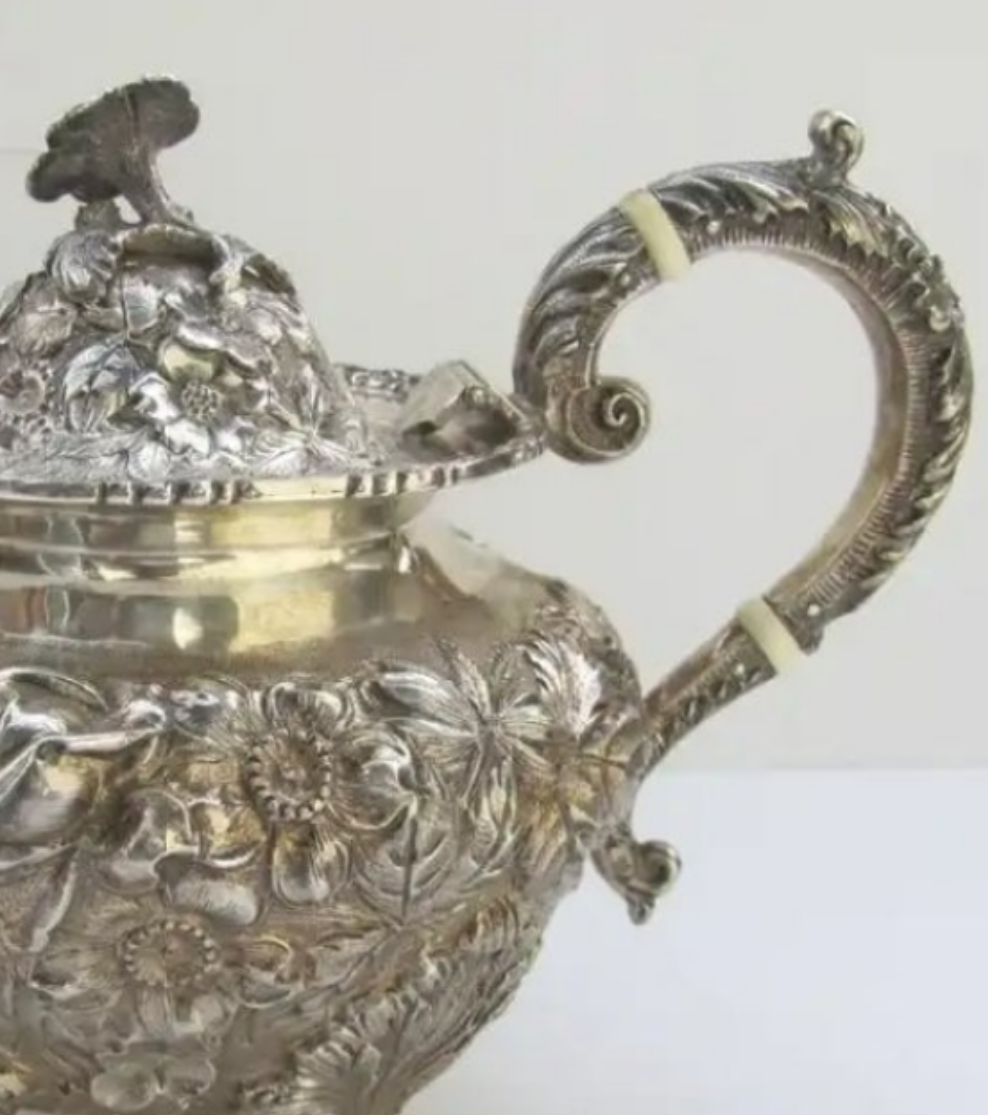 Sterling Silver Tea Coffee Set Repousse Baltimore Rose by Schofield 5 Piece