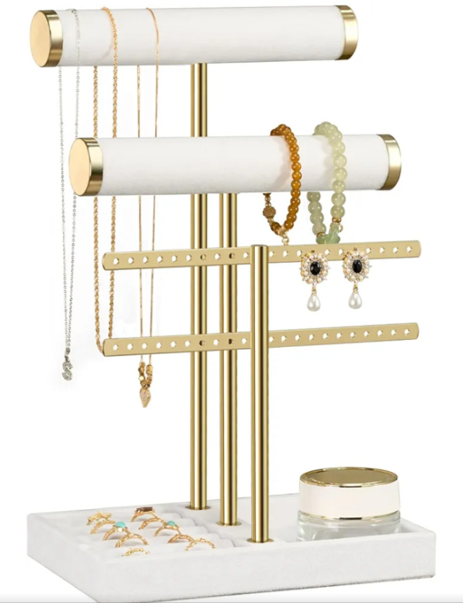 3 Tier Bracelet Holder Display - Detachable T Bar White Velvet Bracelet Holder, Jewelry Holder Organizer for Bracelet, Necklace, Earrings, Rings