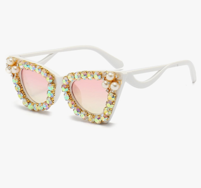 Sparkling Crystal Cat Eye Sunglasses Women Square Rhinestone Pearl Sun Glasses Party Diamond Bling Punk Eyewear