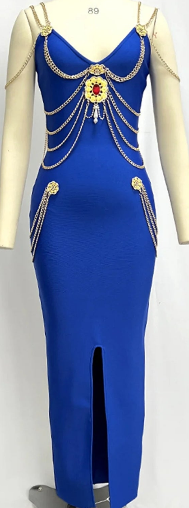 COCOMONEY V Neck Rhinestone Chain Split Maxi Dress-