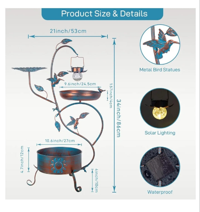 Metal Bird Bath for Outside, Birdbaths Outdoors with Planter and Feeder, Garden Blue Bird Baths with Solar Lights