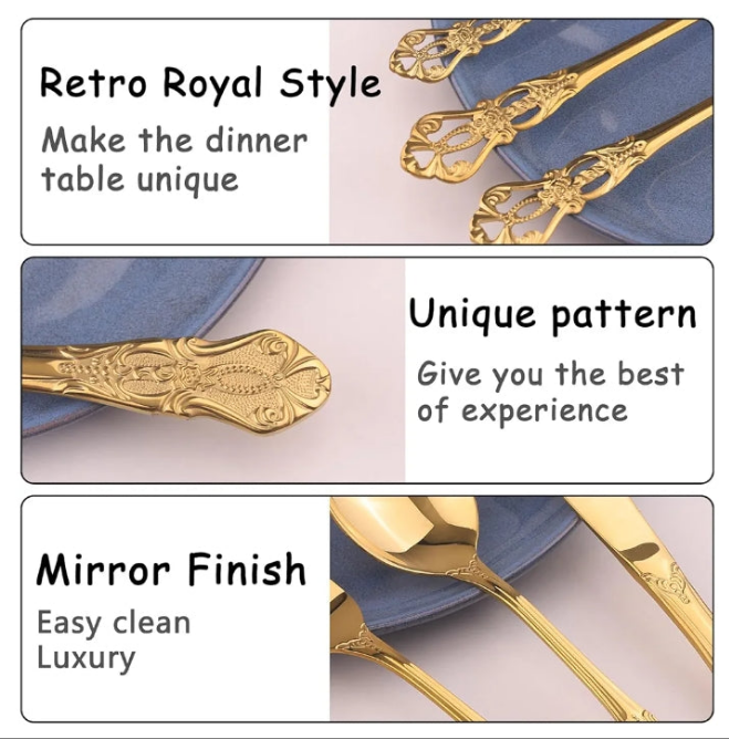 Royal Gold tone Silverware Set With Gift Box For 8 Cutlery Set Utensils Stainless Steel Flatware 40 Pieces MIKIWAY Kitchen Tableware Set For Gifts Festive, Dishwasher Safe, Mirror Polishing