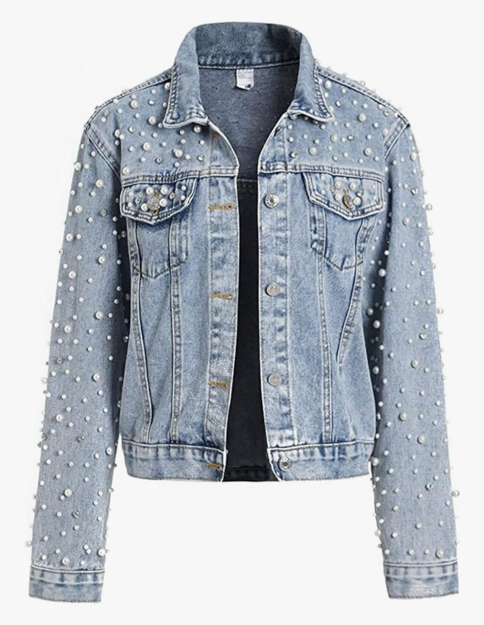Pearls Denim Jacket Cropped Rhinestones Jean Jacket Coat