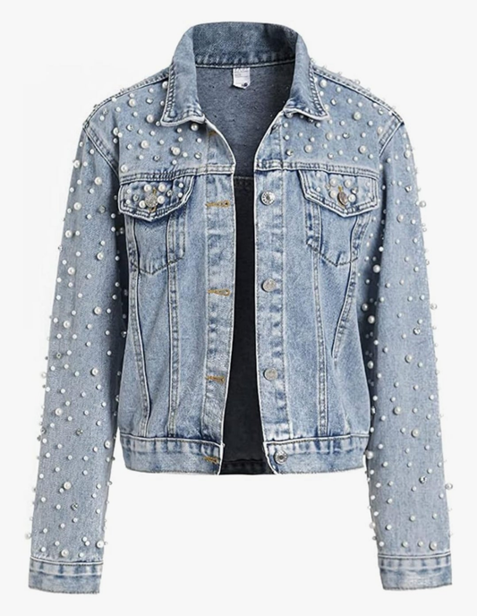 Pearls Denim Jacket Cropped Rhinestones Jean Jacket Coat