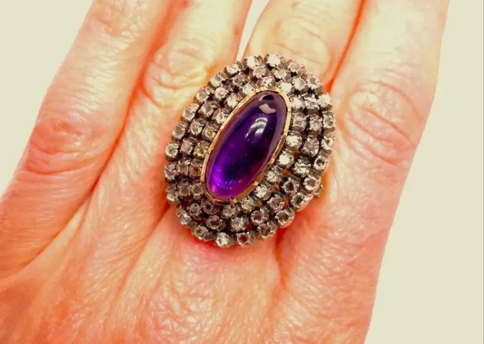 Georgian Diamond Ring 18th Century Amethyst Diamond Ring Marie Antoinette 18K Gold Old Cut Diamond Ring Museum Quality Luxury Diamond Ring Handmade Diamond Ring Dome Bombe 1700s Dress Ring Engagement Ring Wedding Ring Cocktail Ring Large Diamond Ring