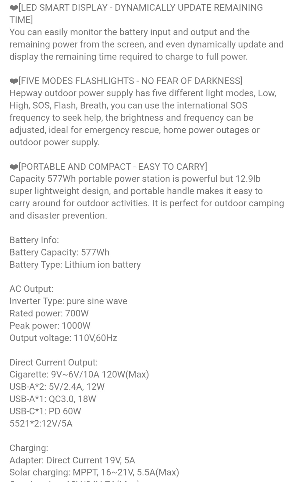 Hepway Portable Power Station, 1500W Peak Solar Power Bank Large Capacity , Euler P700-B 700W 12lb Solar Generator Power Charger, 577Wh BMS Automotive Grade Lithium Battery With 2x 110V Pure Sine Wave AC Outlets(Peak 1000W), Support 5521 Port PD 60W USB-C
