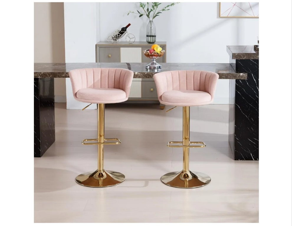 Swivel Bar Stools Set, Velvet Upholstered Bar stools with Golden Metal Adjustable Legs, Modern Barstools with Back for Kitchen, Dining Room, Counter,