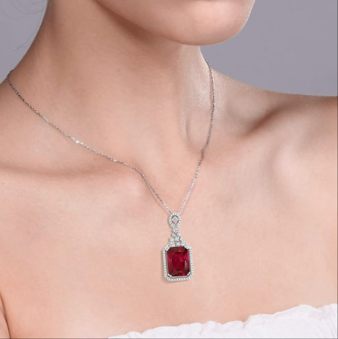 Gem Stone King 925 Sterling Silver Red Created Ruby Pendant Necklace For Women (5.60 Cttw, Emerald Cut 14X10MM, with 18 Inch Silver Chain)