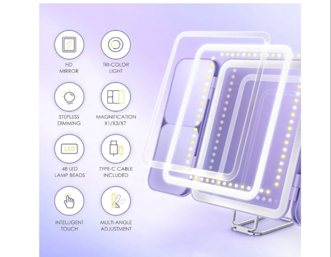 Travel Makeup Mirror, 64 LED Lighted Vanity Mirror with 1X 3X 7X Magnification, Tri-Fold Compact Mirror with Touch Light, Rechargeable,