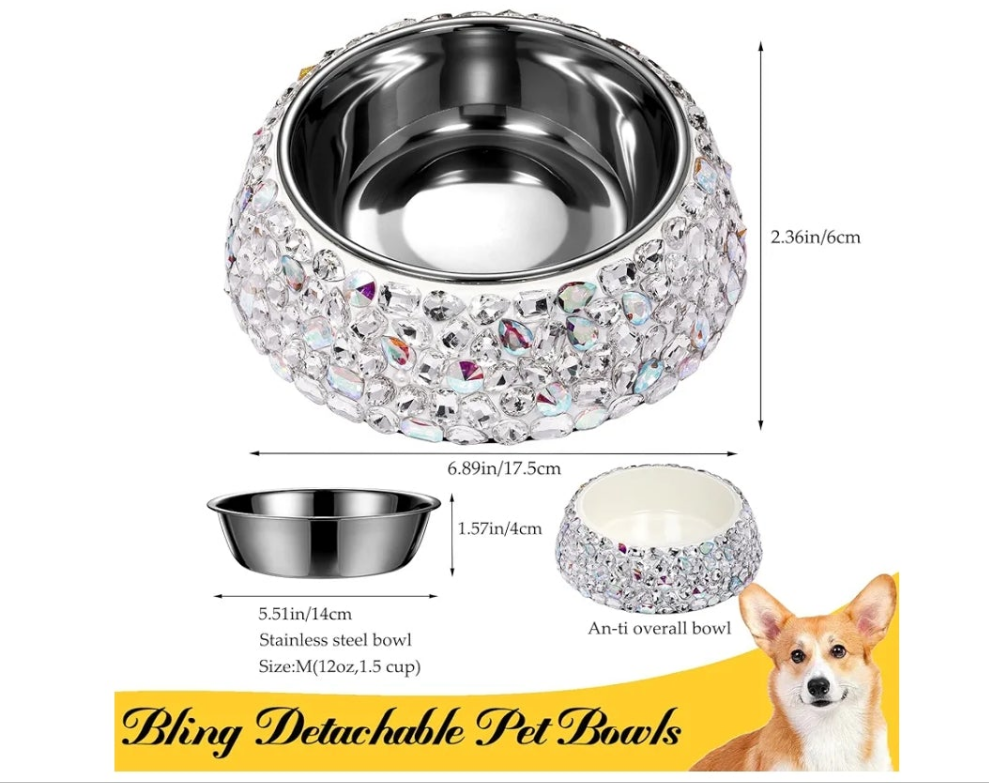 Rhinestone Pet Bowls, Bling Dog Cat Bowl Stainless Steel for Pets Food Water Dishes-2 Pack or single bowl
