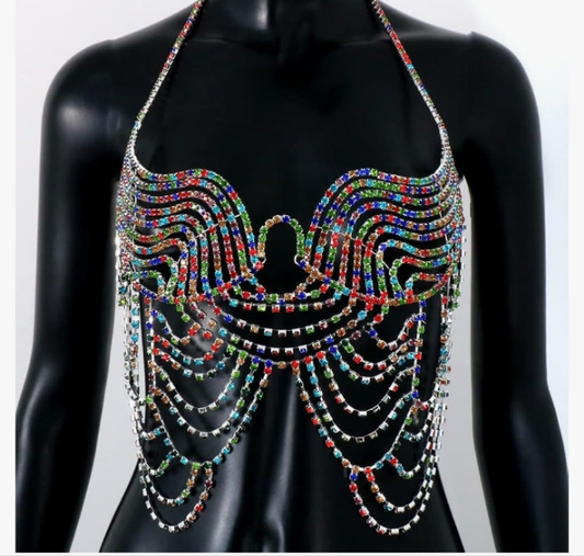 Rhinestone Chest Chain Body Jewelry for women Sexy Colorful Crystal Body Chains Lingerie Bikini Bra Chain Jewelry