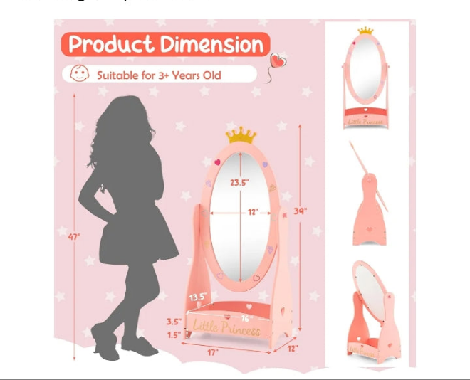 Princess Floor Free Standing Mirror w/Storage Shelf, 360 Degree Rotatable Oval Dressing Mirror w/Cute Crown Pattern for Little Girls Bedroom, Playroom, Pink