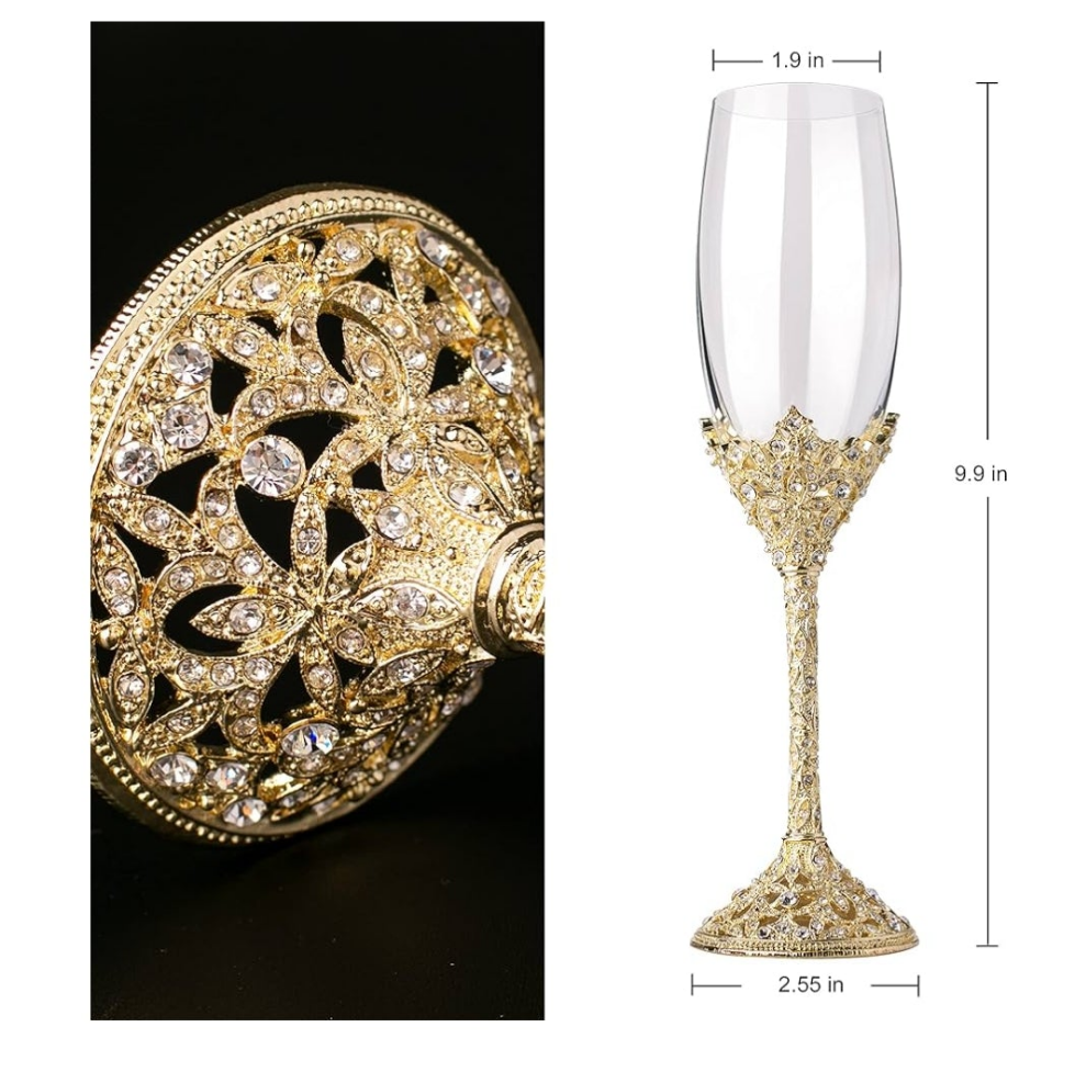 Crystal Glass Champagne Flutes Gold, Set of 2, 7oz GOLD PLATED
Gift, Metal Base, With Crystal Stones, Toasting Flute Pair, Wedding Anniversary Party Birthday Banquets, Gifts for Bride and Groom