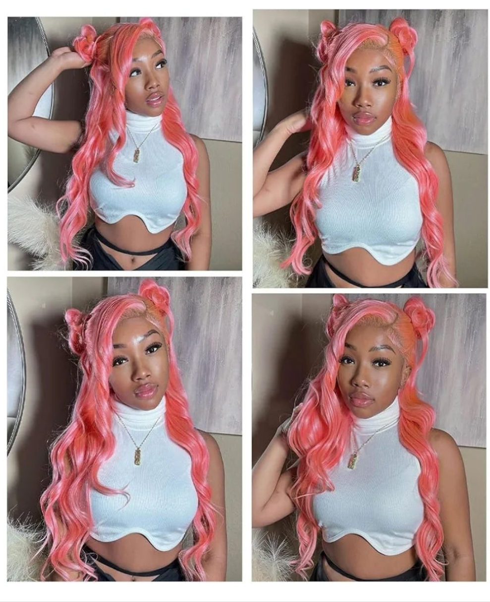 Pink Lace Front Wigs Human Hair 13x4 HD Body Wave Lace Front Wigs Human Hair Pre Plucked Frontal Wig 200% Density Colored Pink Human Hair Wig Glueless Wigs 24 Inch