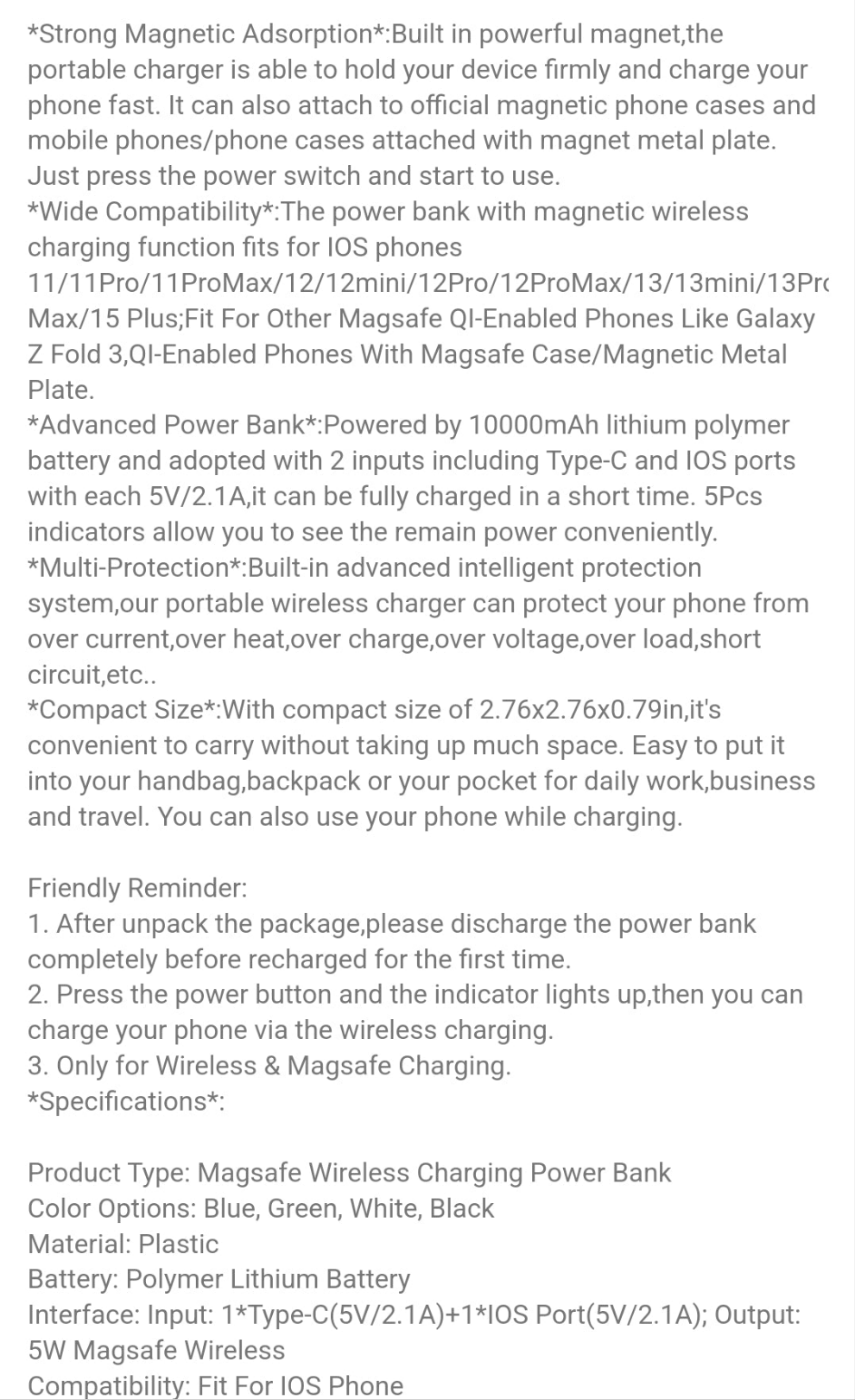 1PC Magnetic Wireless Power Bank 10000mAh Magnetic Portable Charger MagSafe Wireless Power Bank Fit For IOS Phones 15/14/13/12/11 Series For Summer Beach Travel Camping Hiking Fishing
