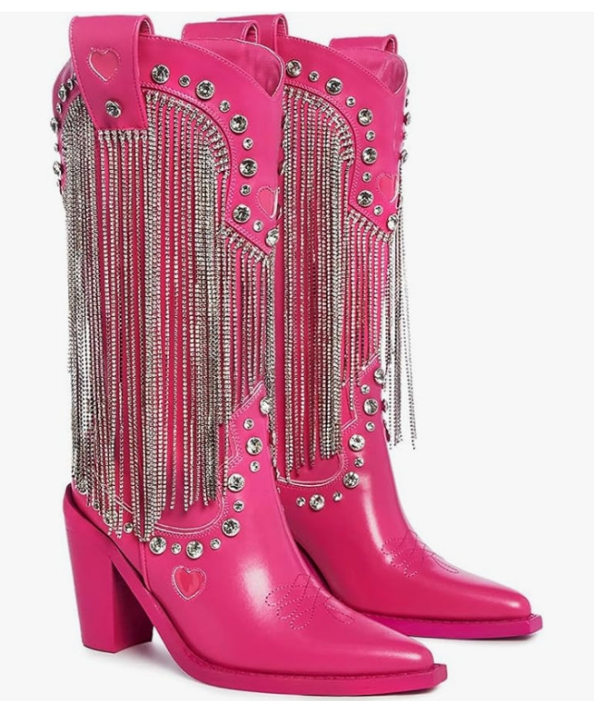 Cowbirl Boots - Vegan Leather Footwear With Rhinestone Fringe and Jewel Studs