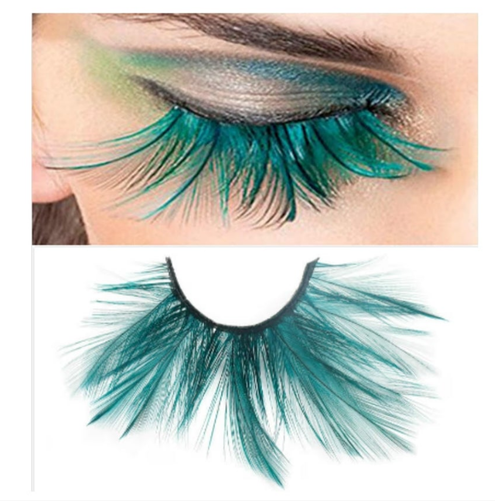Double Lip Black with Green Big Extra Long Feather eyelashes Extra extension Halloween Green Feather Tip False Eyelashes Dance