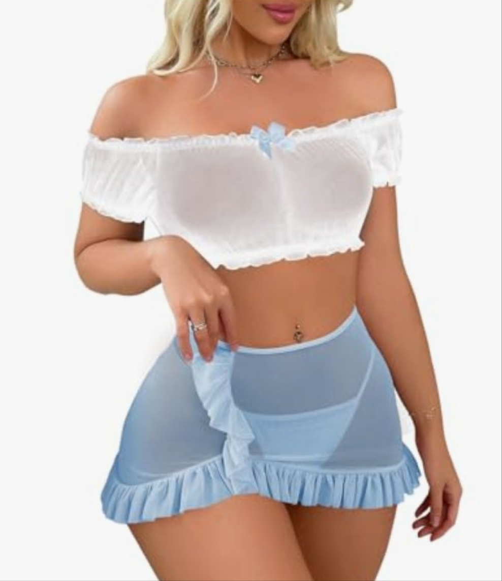 Sexy Lingerie Set for Women Sheer Mesh Off Shoulder Bra Panty Ruffle Skirts 3 Piece Sets Cocomoney