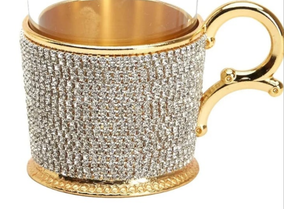 Luxury Handmade Rhinestone Crystal Decorated Fancy Coffee Tea Beverage Glasses Cups with Holders, 7 Ounces (SET OF 1)