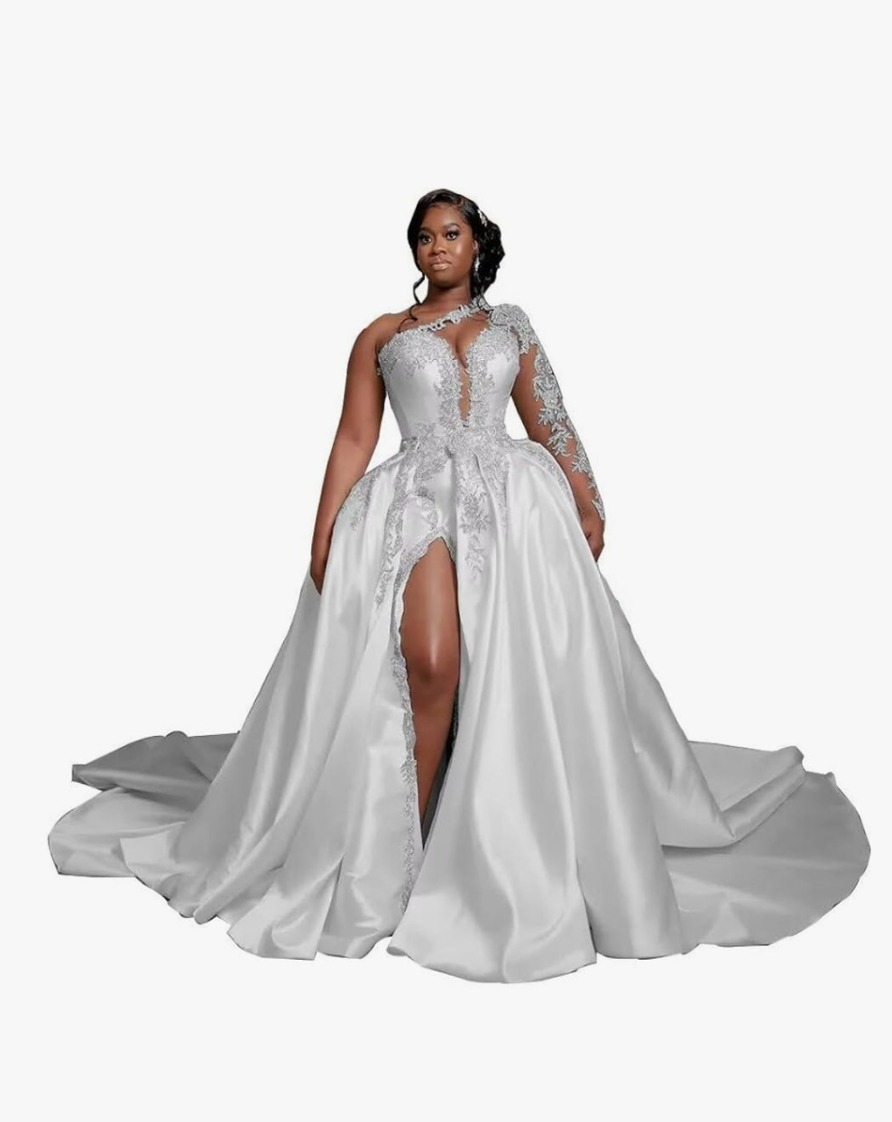One Shoulder Satin Wedding Dresses Long Sleeve Mermaid Crystals Beaded Bridal Wedding Gowns with Slit