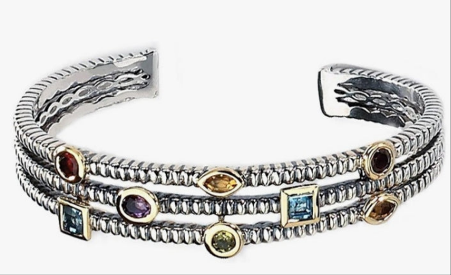 Multi-Gemstone Cuff Bracelet in Sterling Silver with 14K Gold Accents