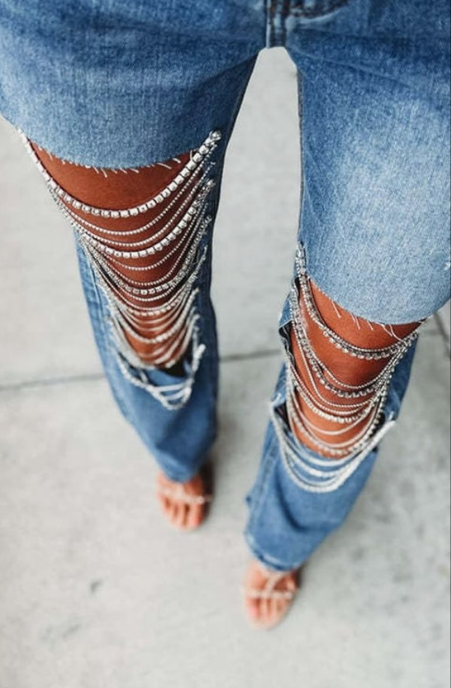 Sexy Ripped Distressed Destroyed Rhinestones Chain Party Clubwear Denim Pants Jeans