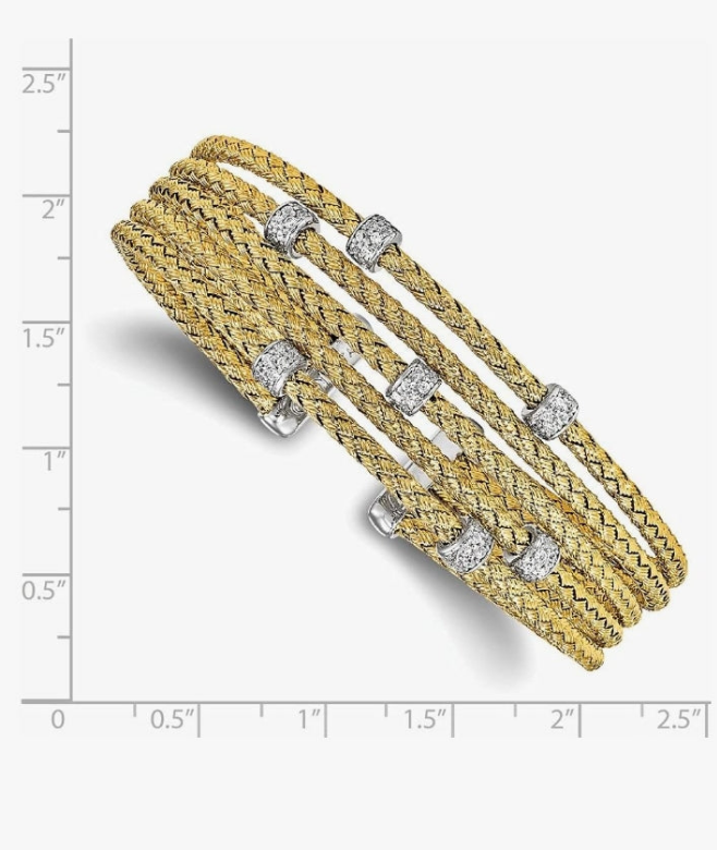 925 Sterling Silver Gold-tone CZ Woven Flexible Cuff Bangle Bracelet