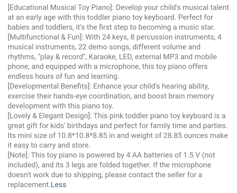 Toddler Piano Toy Keyboard For Baby Girls Birthday Gift 1 2 3 4 Years Old Kids Pink Toy Piano