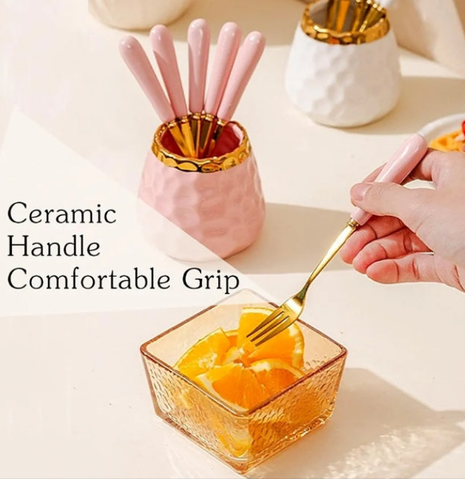 Dessert Fork set, Ceramic Jar with 8 Small Forks, Salad, Fruit, Party, Cake, Camping Cutlery set (Pink Ceramic Jar+4 Spoons+4 Forks)