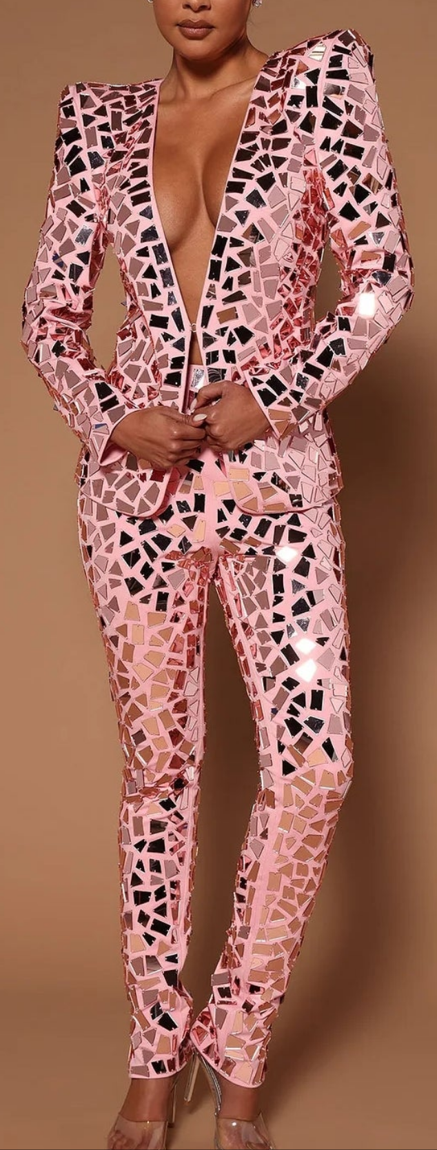COCOMONEY Deep V Neck Mirror Sequin Two Piece Pant Set