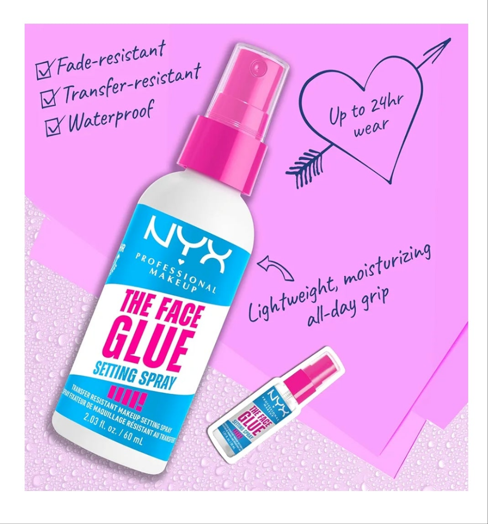 NYX PROFESSIONAL MAKEUP The Face Glue Setting Spray, Transfer-Resistant Waterproof Setting Spray, Up to 24HR Make Up Wear