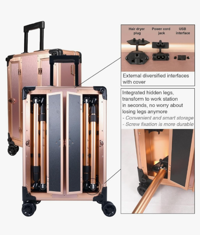 Rolling Makeup Train Case with Mirror and Lights Cosmetic Travel Box Mobile Barber Stations with Bluetooth, Speaker, Wheels, Stands
