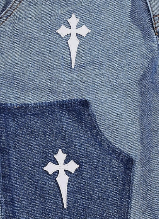 Men's Cross Pattern Patch Raw Hem Jean Shorts Color Block Cut Off Denim Shorts