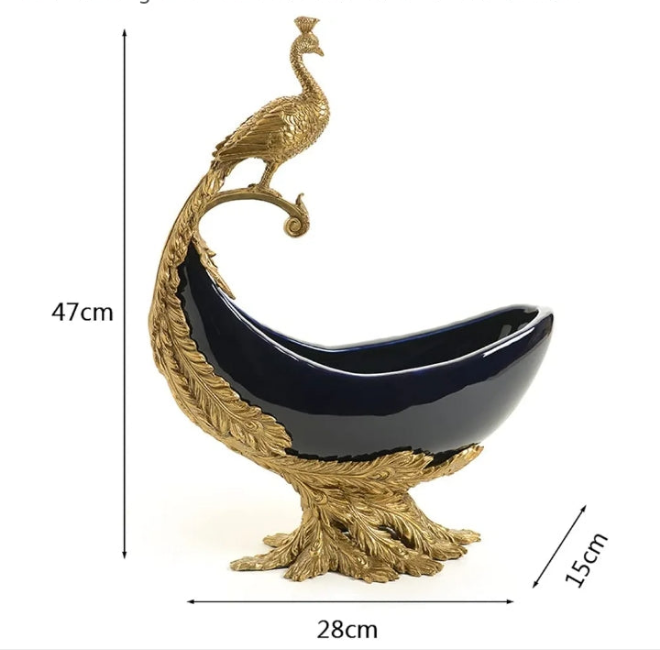 Luxury Ceramic Inlaid Copper Decorative Fruit Plate, Snacks Nuts Tray Display Stand for Home Living Room Decoration Artwork Ornament Gift
