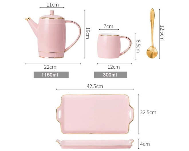 Tea Set, Porcelain Tea Set Coffee Cups Teapots Ceramics Teaset Coffee Tea Sets, 1150Ml Coffee Pot, Pink Tea Service of 6 Cups for 300Ml