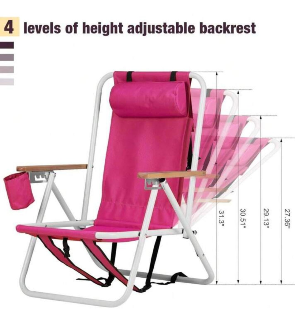 Folding Beach Chair Adjustable Headrest W/4 Flexible Tilt Angle, Cup Holder Portable High Strength Cleanable Fabric, For Sand Camping Lawn Concert Travel Festival