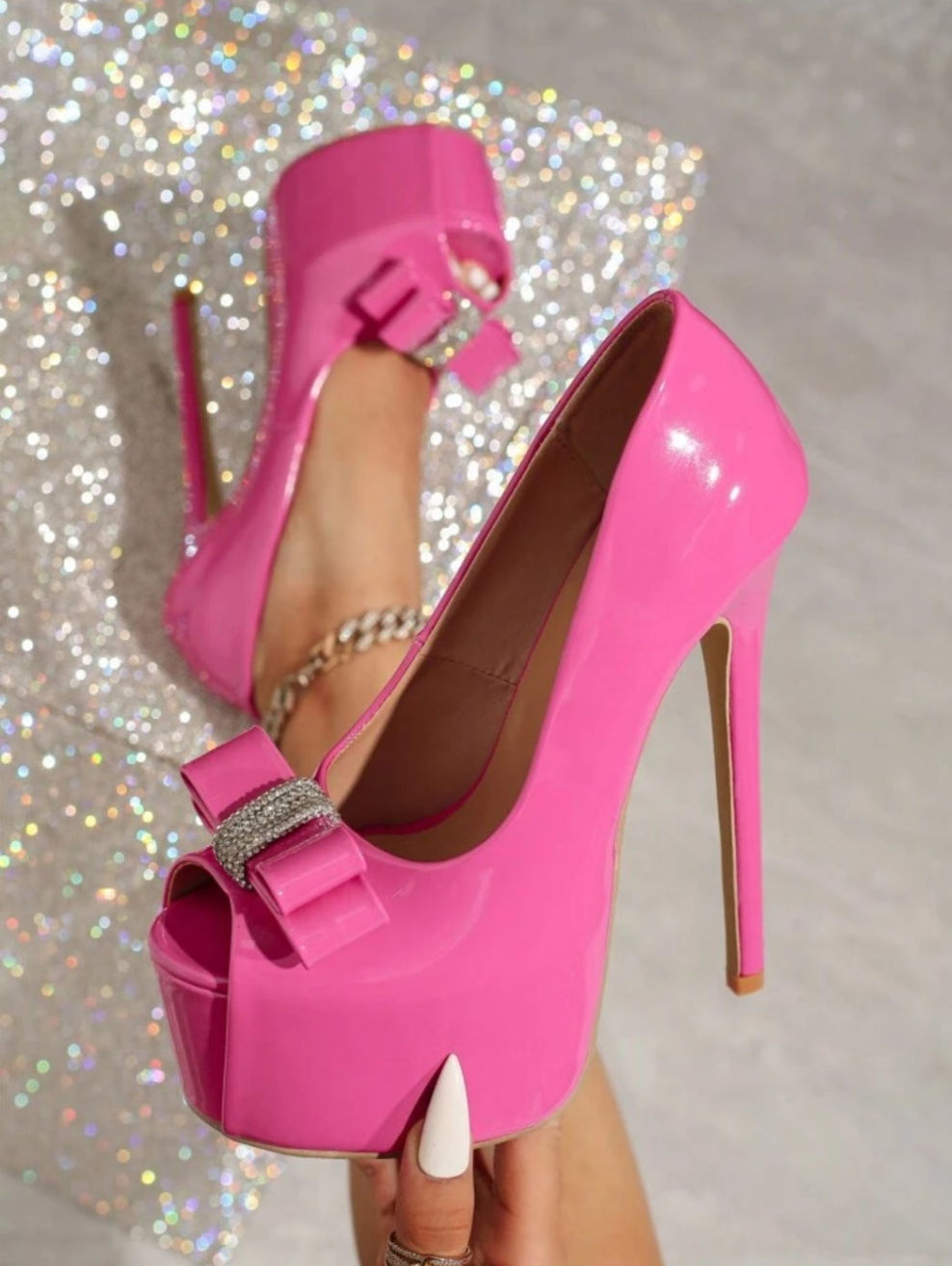 16cm High Heel Open Toe Sandals, Bow & Rhinestone Decor, Sexy Party Dress Shoes