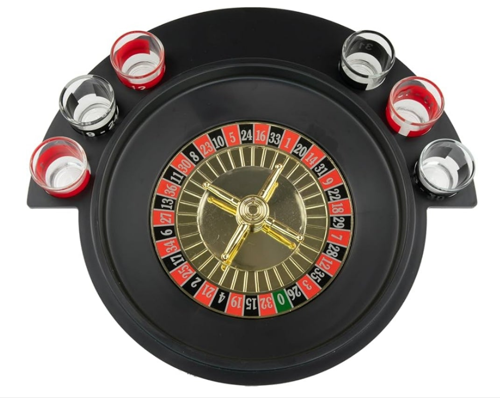 Shot Glass Roulette Drinking Game – 16-Piece Red/Black Set with 2 Metal Balls, Fun Adult Party Game for White Elephant, Game Nights, and Gifts