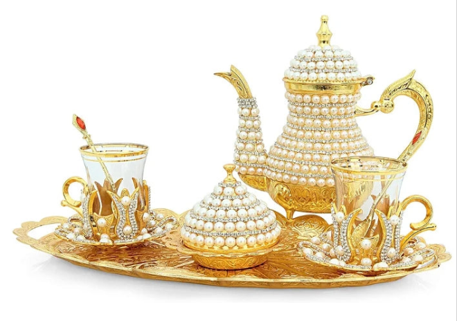 Luxurious Copper and Brass Elegant All in One Serving Set, Large Tea Pot, Decorated with Crystals and Pearls Resistant to High Temperatures (12 Pieces Serving Set)