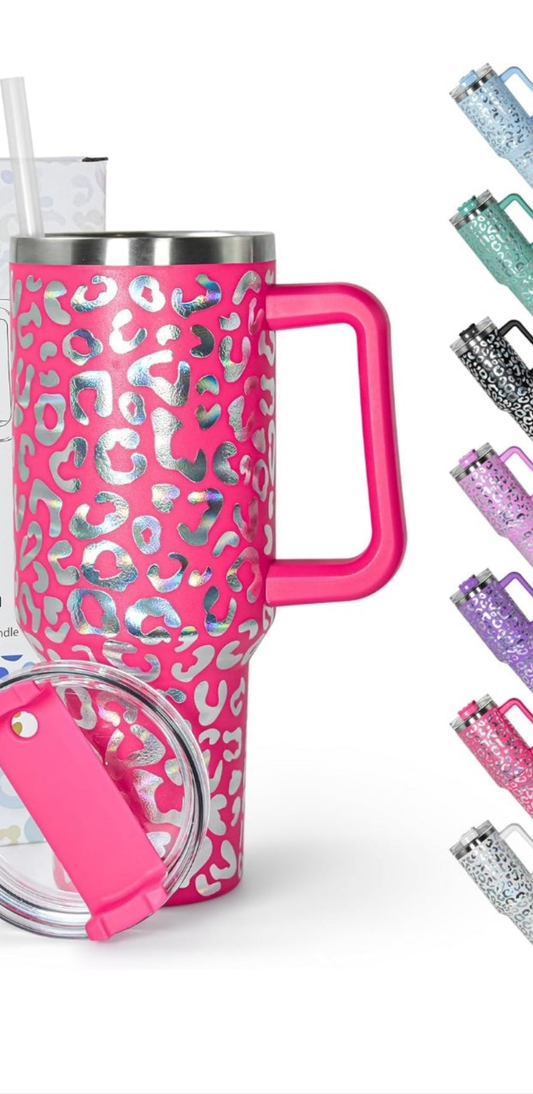 40 oz Tumbler with Handle and Straw, Stainless Steel Leopard Print Tumbler with Handle, Double Vacuum Leopard Cup, Keeps Drinks Cold Up to 24 Hours