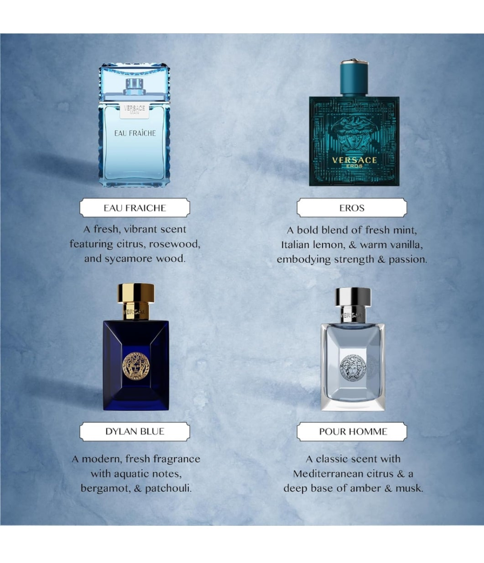 Versace Cologne for Men Set of 4 Mini Eros, Pour Homme, Dylan Blue, Eau Fraiche Perfume for Men Fragrance Sampler Set - Designer Mens Cologne Samples (4 Count, 0.17 oz)