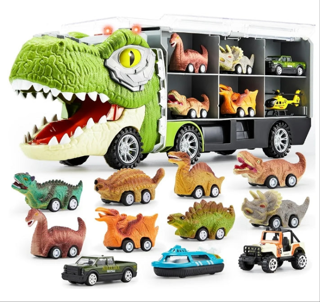 Big Dinosaur Transport Carrier Truck with Mini Dinosaur Car Set
13 in 1 DINOSAUR TRUCK: Our unique designed tyrannosaurus transport truck includes 1 big dinosaur carrier truck with sound button, lights,8 mini dinosaur pull back cars,3 mini Die-cast dinosa