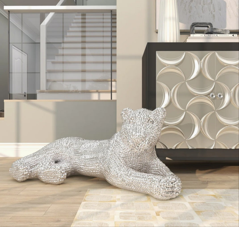 Floor Leopard Decorative Sculpture with Carved Faceted Diamond Exterior