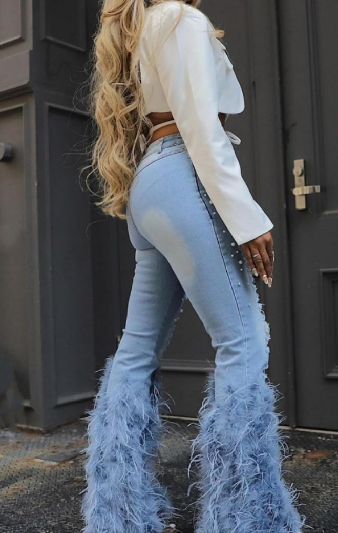 Pearl Feather Jeans Stretch Straight Leg Distressed Denim Pants
