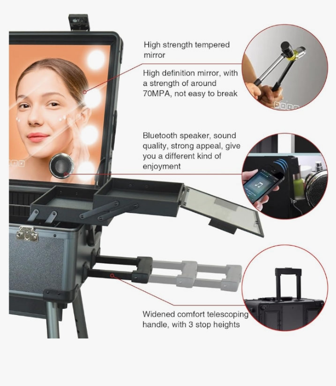 Rolling Makeup Train Case with Mirror and Lights Cosmetic Travel Box Mobile Barber Stations with Bluetooth, Speaker, Wheels, Stands